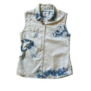Justice blue white tie dye lace denim jean top vest with pocket girls size 20